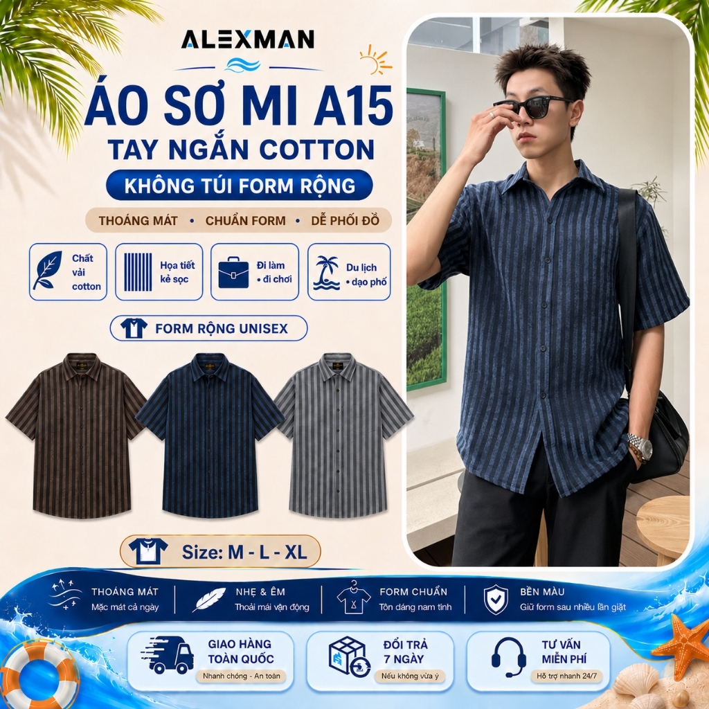 Áo Sơ Mi ALEXMAN A15 Cotton Basic Tay Ngắn Form Rộng Phong Cách Tối Giản Unisex