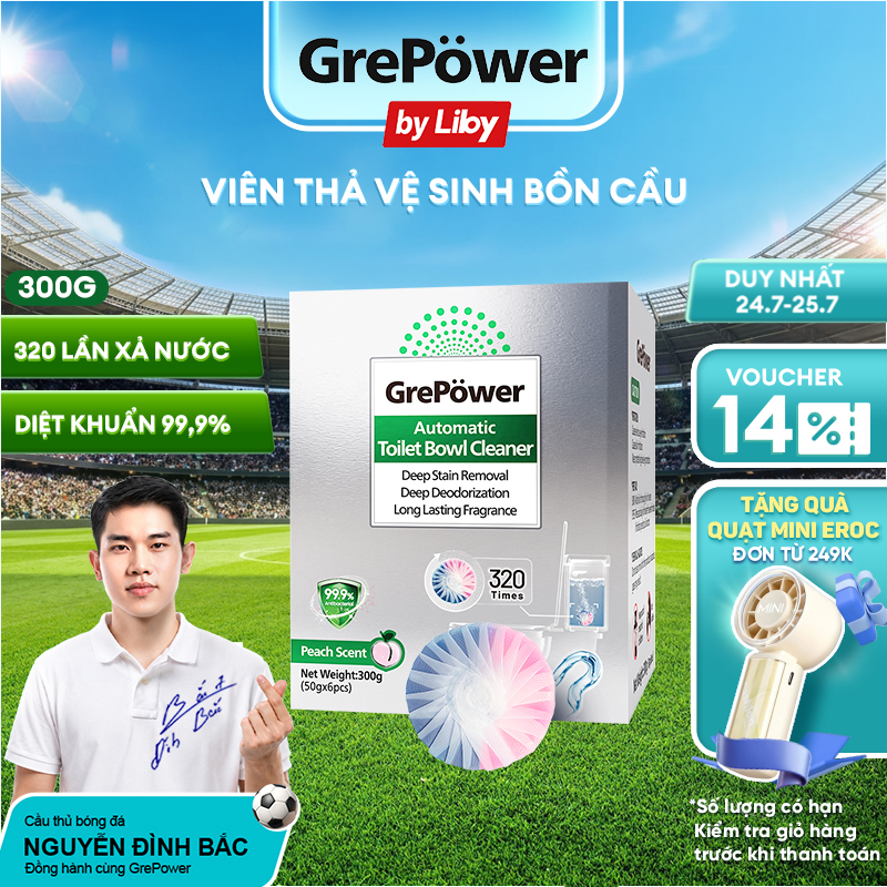 Viên Thả Bồn Cầu Hương Đào GrePower By Liby, Khử Mùi, Diệt Khuẩn 99.9%, Sử Dụng Đến 320 Lần Xả