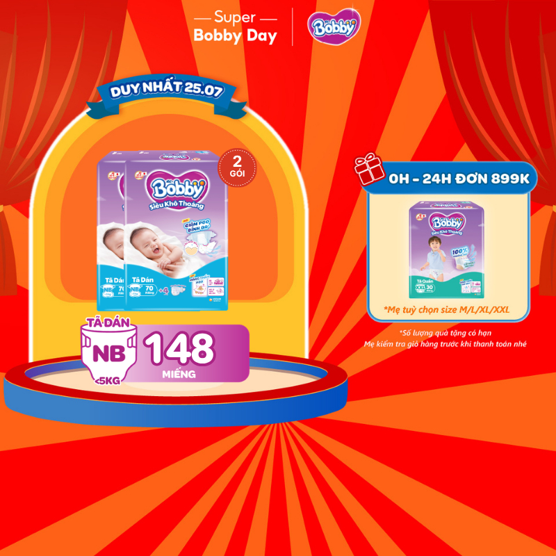 Combo 2 tã dán sơ sinh Bobby NB70/S54/M46 mới- Lõi nén cotton-soft 3mm