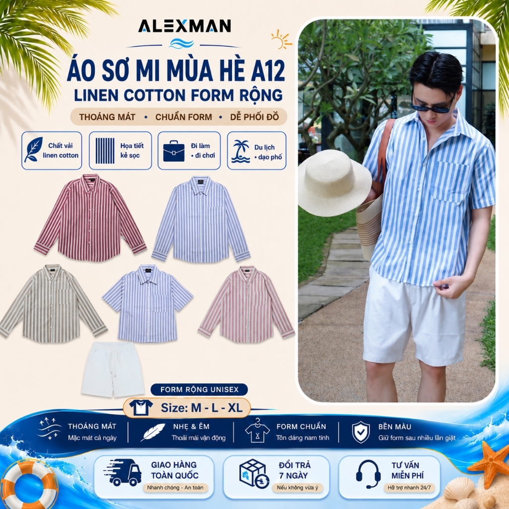 Áo Sơ Mi ALEXMAN A12 Linen Cotton Form Rộng Unisex - Nam Nữ Mặc Đi Biển Hè 2026
