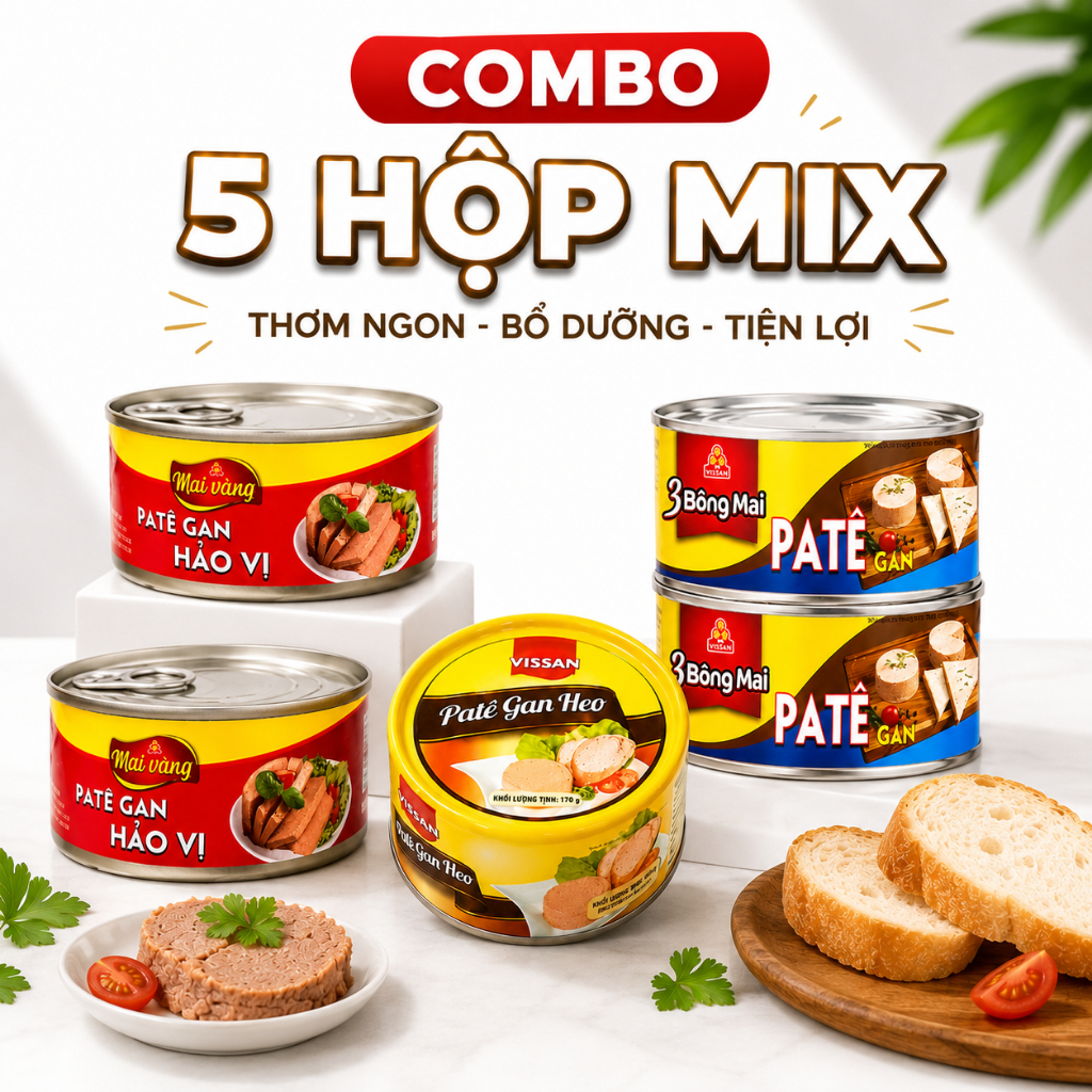 [ PATE MIX LOẠI ] Combo 5 Hộp Pate Gan Mix Đủ Loại, Pate Gan Hảo Vị, Pate Gan, Pate Gan Heo Vissan D