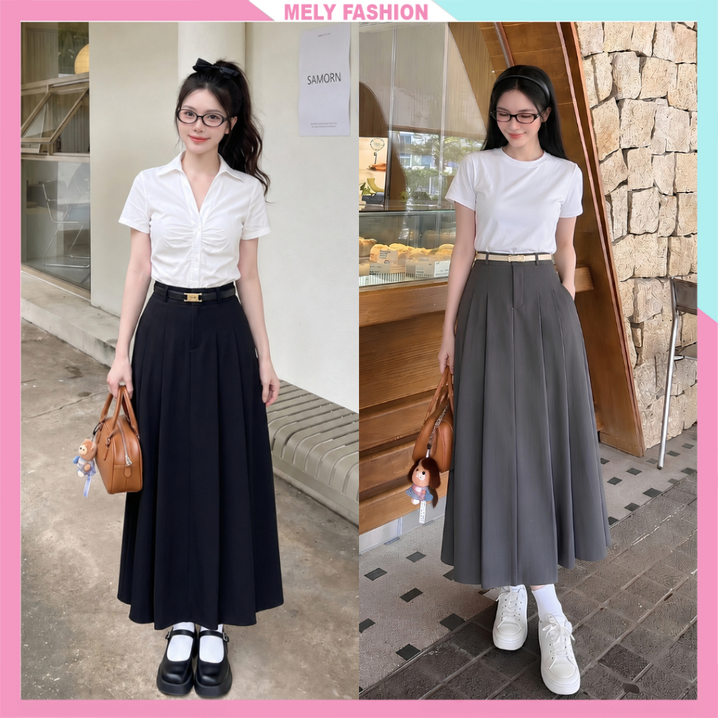 Chân váy xếp ly Mely Fashion dáng dài 90cm xòe chữ A có túi cạp cao chiết eo tôn dáng che bụng dễ mặ
