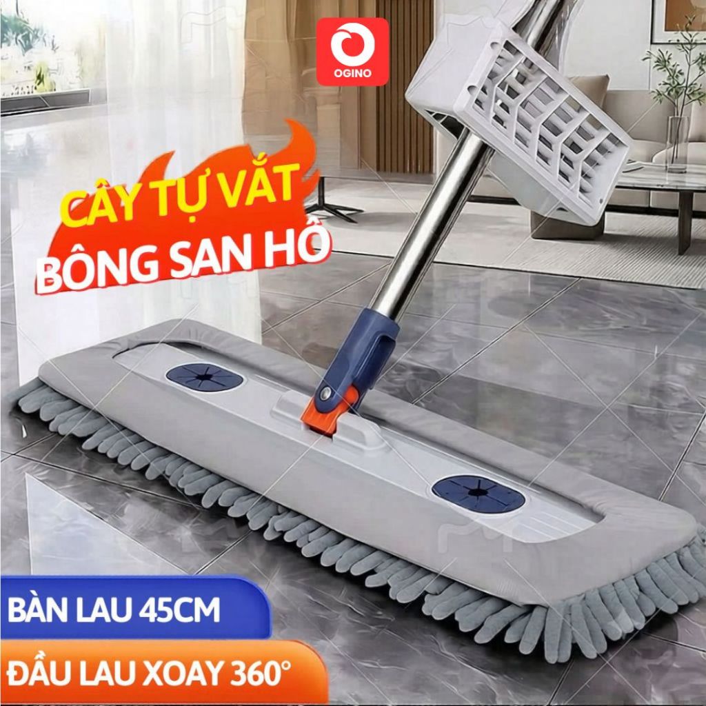 Cây Lau Nhà Tự Vắt 45cm Bông San Hô Microfiber Siêu Thấm Hút, Chổi Lau Nhà Cao Cấp Ogino D9