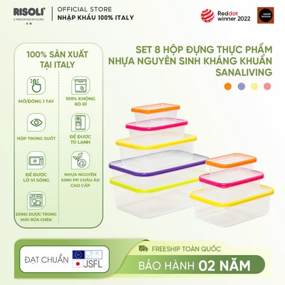 Set 8 hộp đựng thực phẩm kháng khuẩn Sanaliving OMADA - sản xuất 100% tại Italy-Bảo hành 10 năm
