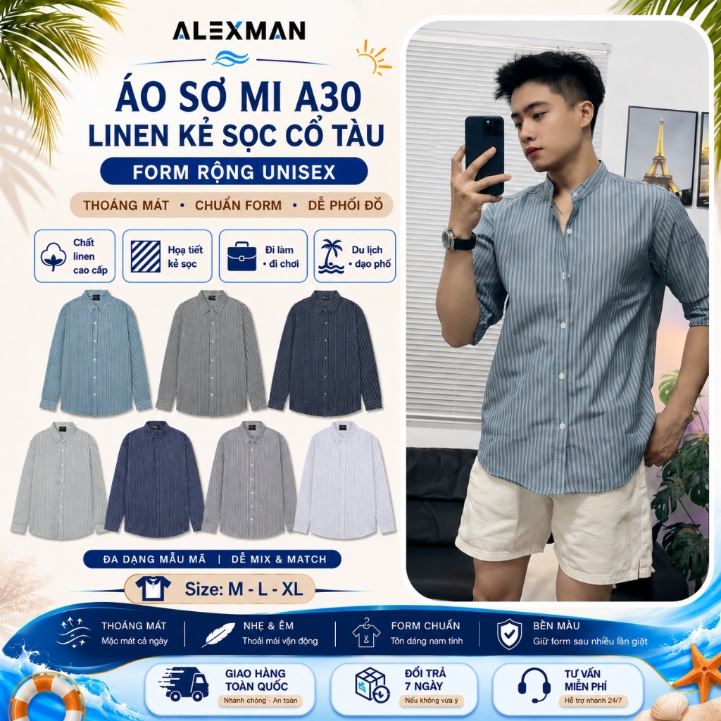 Áo Sơ Mi ALEXMAN A30 Linen Sọc Cổ Tàu Phong Cách Form Rộng Unisex