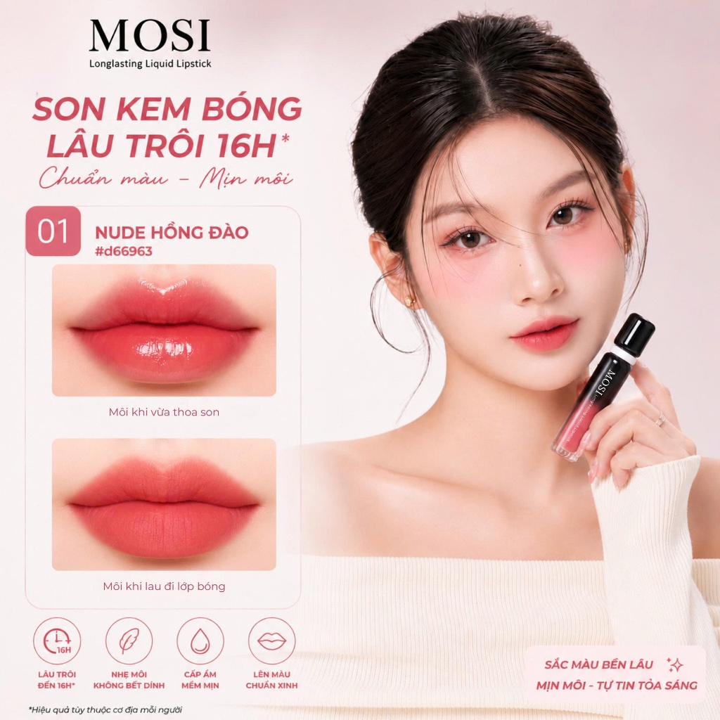 Set 2 Son Tint Bóng MOSI Beauty Chính Hãng - Kem Lì, Chuẩn Màu, Mềm Môi, Kháng Nước