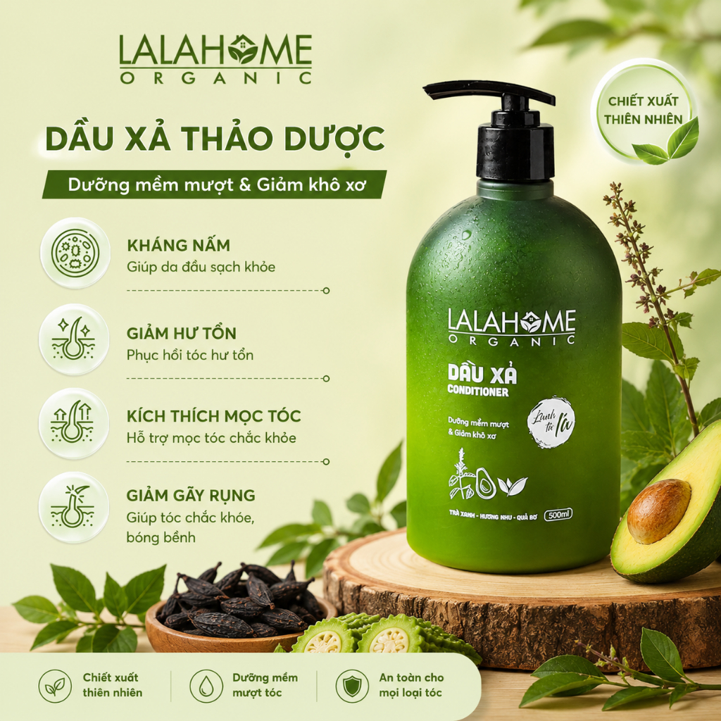 [Chính Hãng] Dầu Xả Trà Xanh, Hương Nhu, Quả Bơ LALAHOME ORGANIC - Dưỡng tóc mềm mượt, kiểm soát dầu