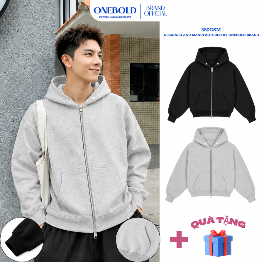 Áo Khoác Hoodie Zip ONEBOLD "Khóa 2 Đầu Nỉ Chân Cua" 380GSM, Áo Nỉ Form Rộng Mũ To Cúc Bấm Nam Nữ Phong Cách