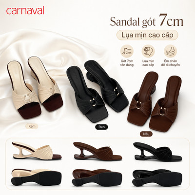 Dép Cao Gót Nữ Carnaval Mũi Vuông Quai Nhún Đính Khoen Ngọc, Gót Cách Điệu 7cm Thanh Lịch - VS224