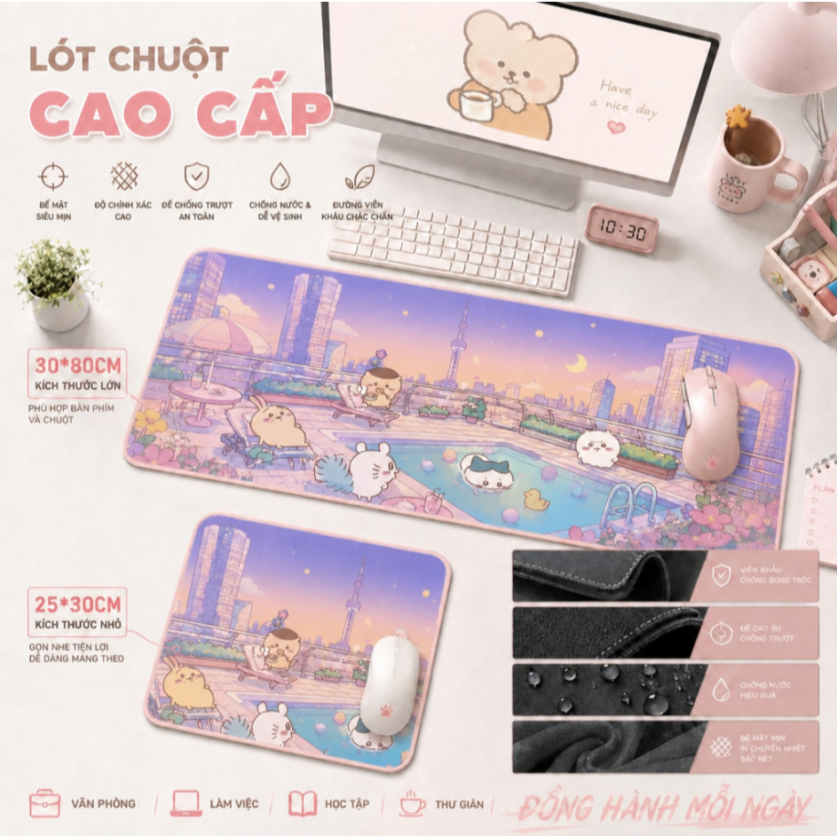 Thảm Lót Chuột Chiikawa 30x25-80x30, Usagi, Hachiware, Chống Trượt, Bề Mặt Mịn, Tặng Túi Đựng