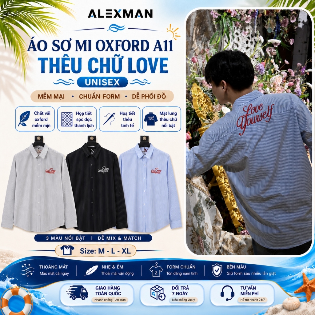 Áo Sơ Mi Oxford A11 Thêu Chữ LOVE Form Rộng Unisex Nam Nữ Dài Tay - ALEXMAN