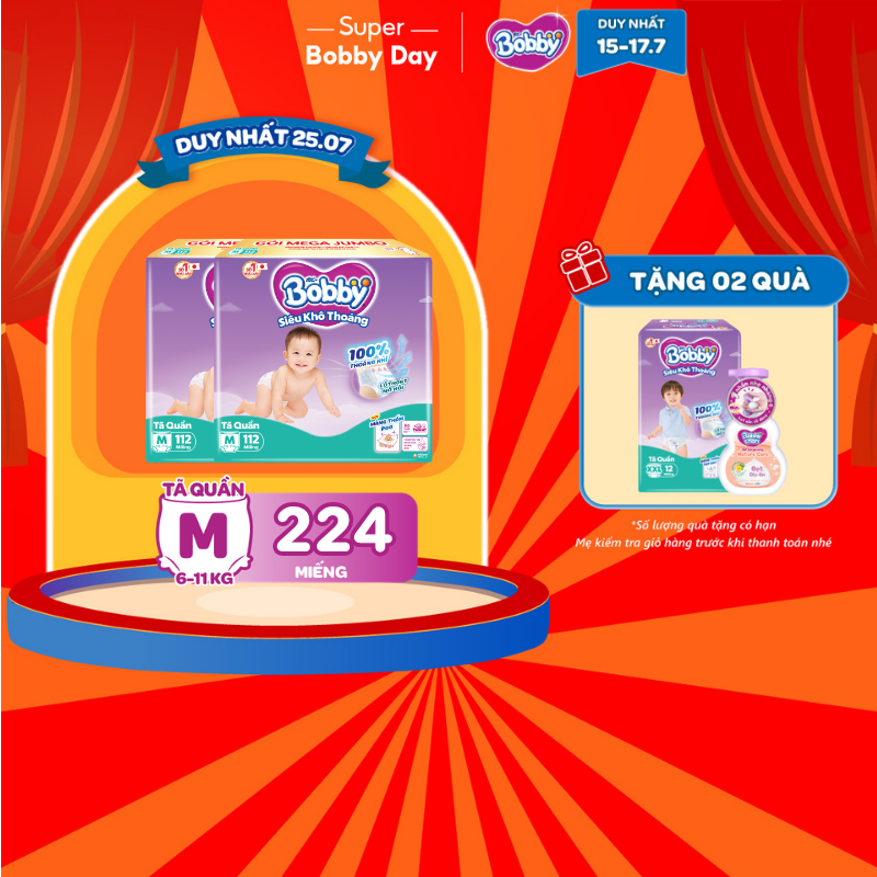[KOL] [TẶNG MIẾNG] Combo 02 tã quần Bobby Siêu Khô Thoáng - 100% Thoáng Khí Mega Jumbo M112/L96/XL84