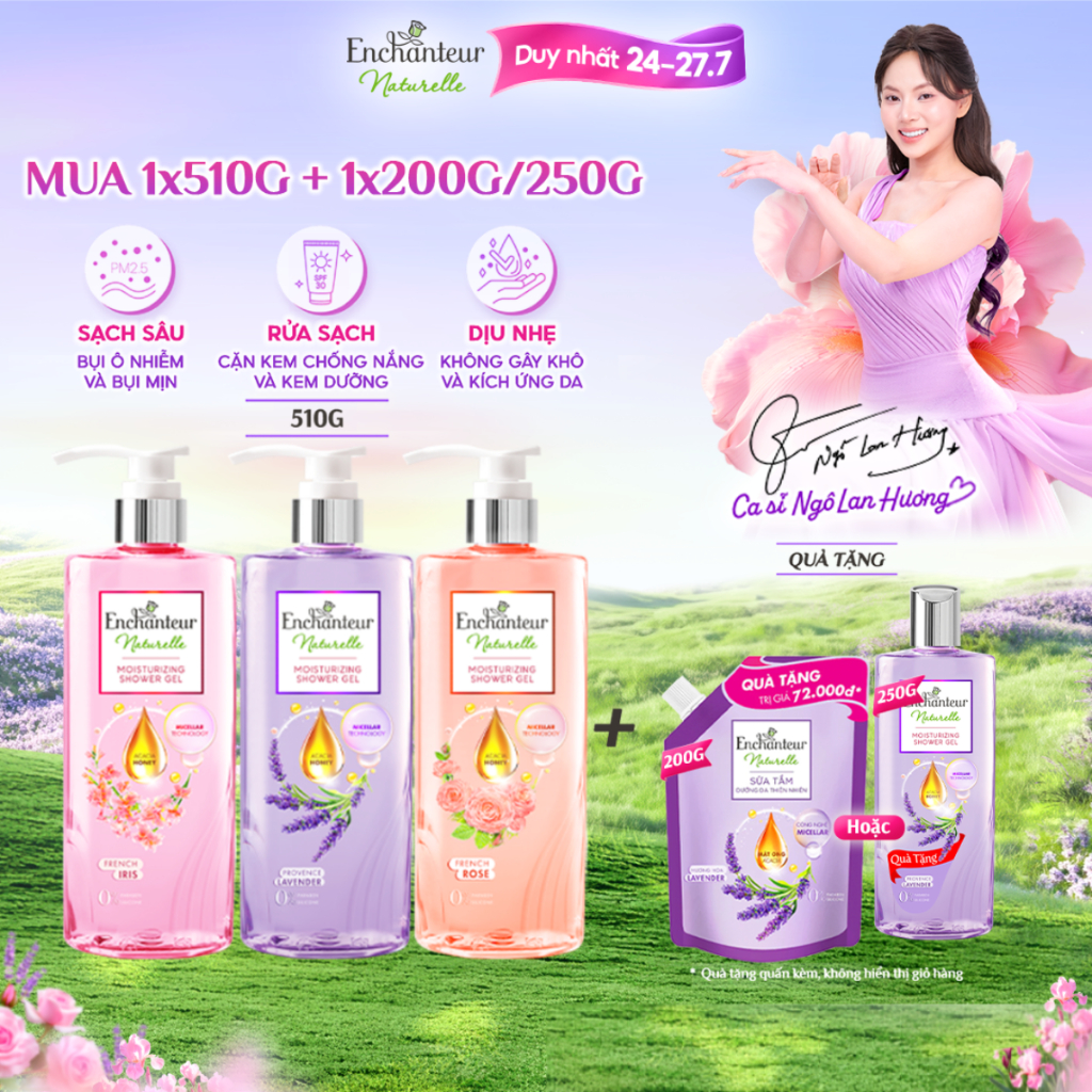 Sữa tắm dưỡng da thiên nhiên Pháp Enchanteur Naturelle hương hoa Lavender/Iris/ Rose 510g