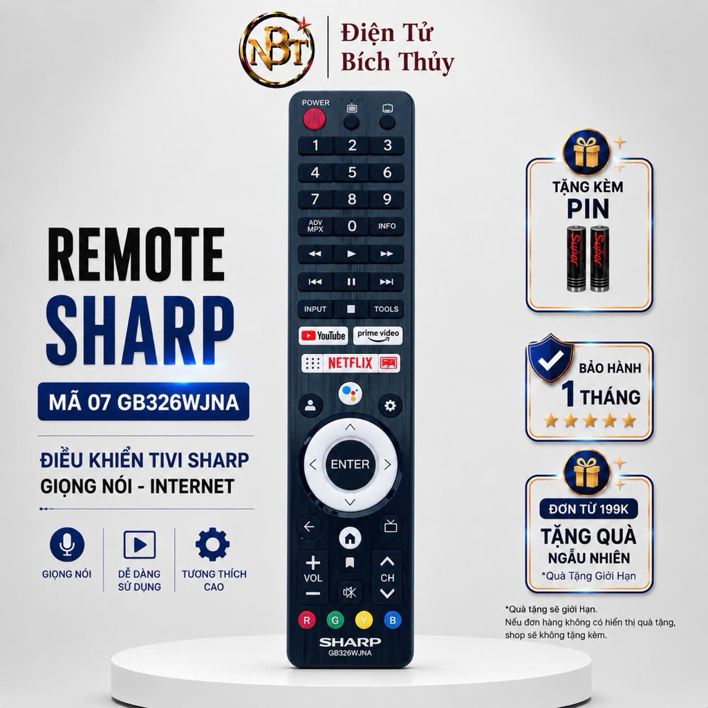 Remote điều khiển tivi SHARP Mã 07 GB326WJNA, Giọng nói, điều khiển TV SHARP internet-ĐT Bích Thuỷ