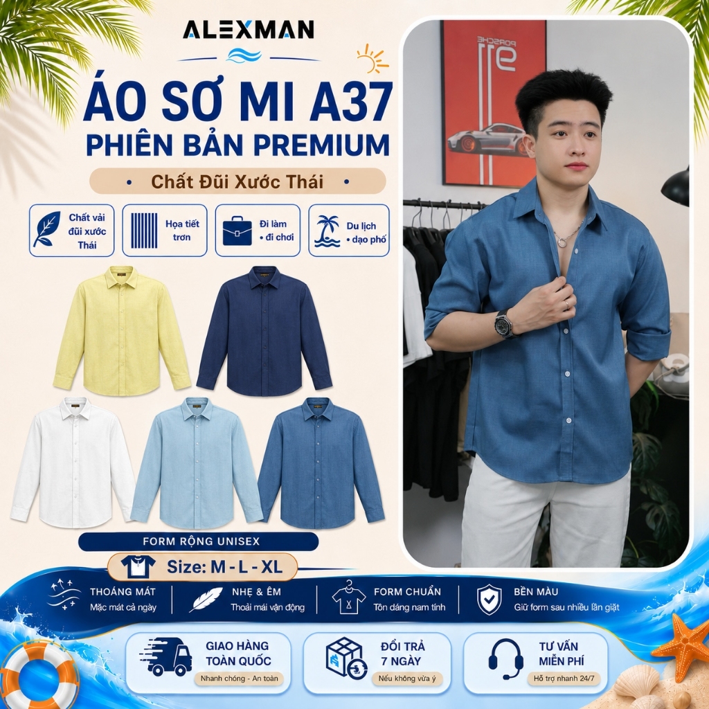 Áo Sơ Mi A37 - ALEXMAN Phiên Bản Premium Chất Liệu Đũi Xước Thoáng Mát Mềm Mịn Dày Dặn