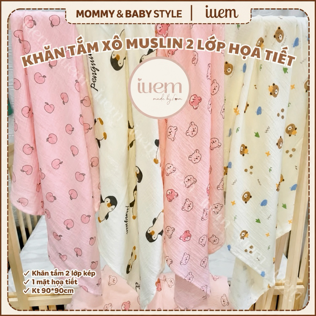 Khăn Tắm Xô Muslin 2 Lớp IUEM Cho Bé Sơ Sinh 90x90cm – Khăn Quấn, Khăn Ủ, Khăn Tắm Cotton Muslin Mềm