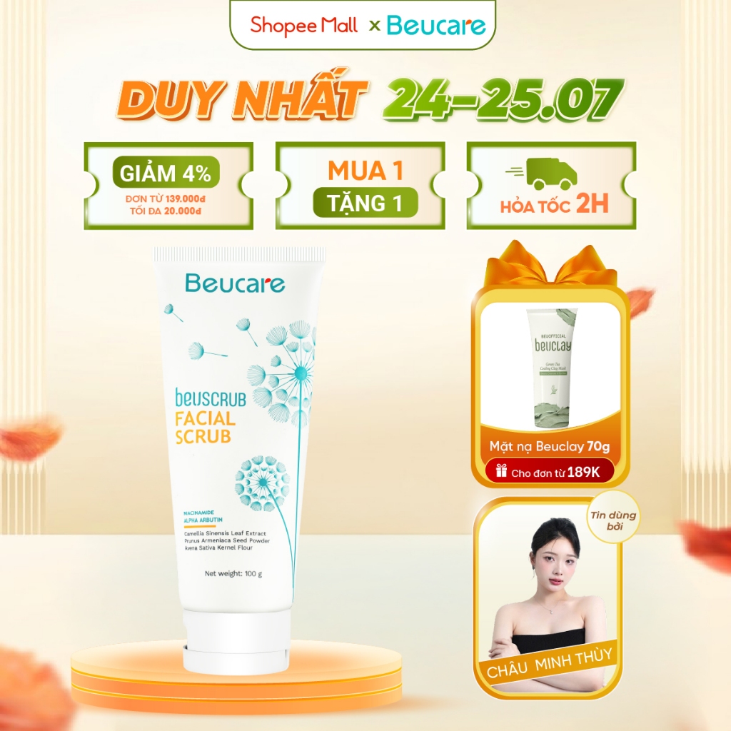 Tẩy tế bào chết da mặt BEUCARE trà xanh ,thấm hút dầu thừa , làm sạch da, dưỡng ẩm, sáng da 100g