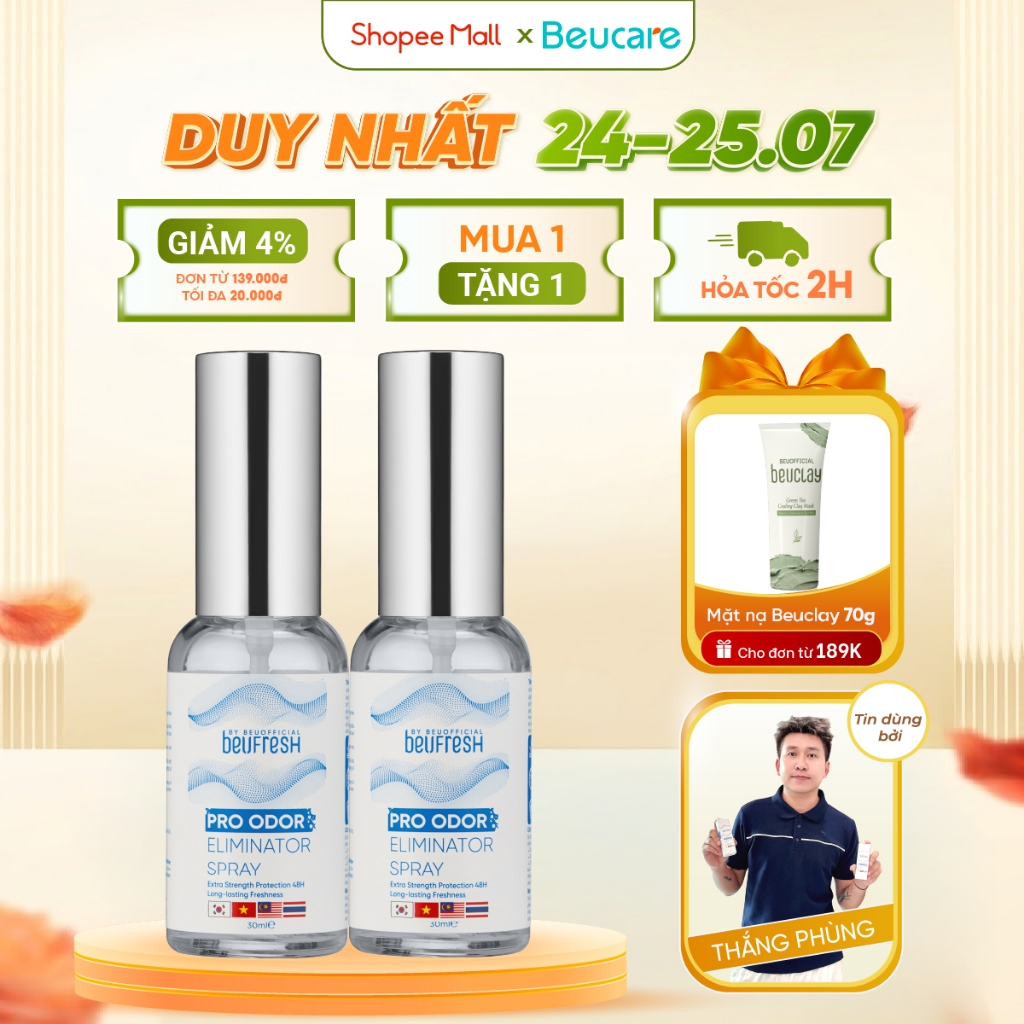 Combo 2 Xịt khử mùi toàn thân, lăn khử mùi BEUFRESH ngăn tiết mồ hôi, hạn chế mùi cơ thể 30ml