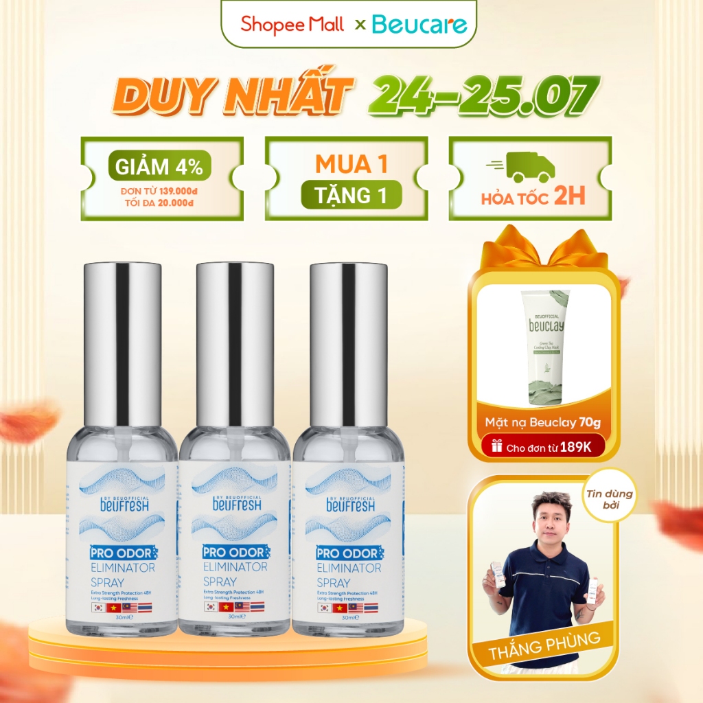 Combo 3 Xịt khử mùi toàn thân, lăn khử mùi BEUFRESH ngăn tiết mồ hôi, hạn chế mùi cơ thể 30ml