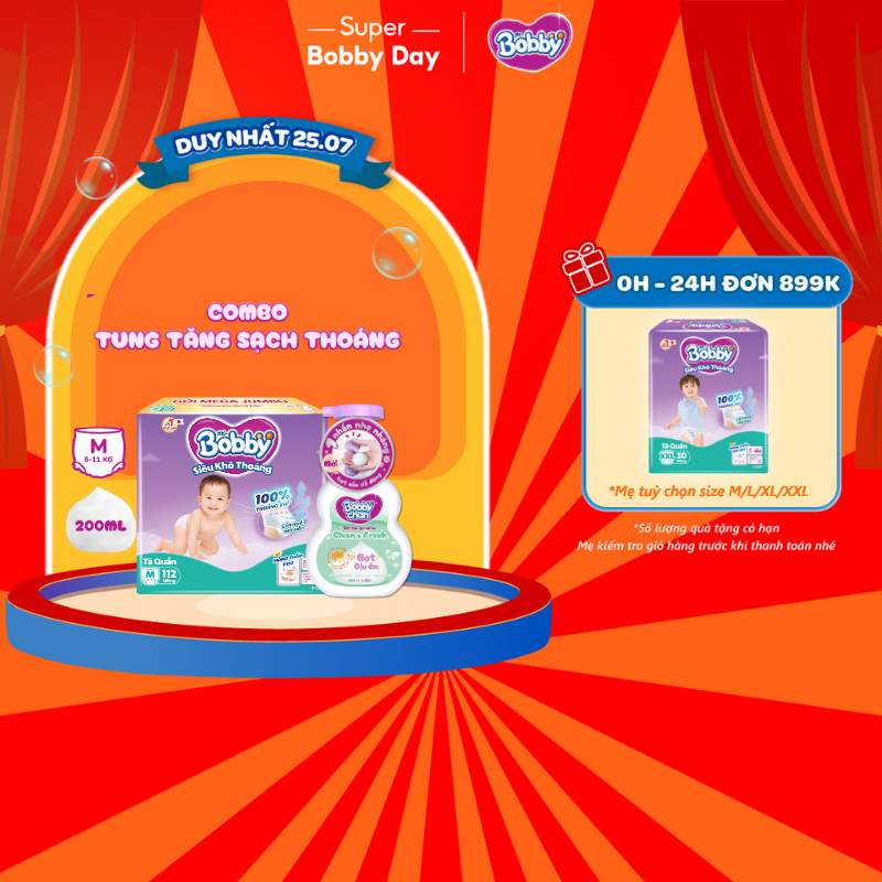Combo sạch thoáng: Tã quần Bobby Mega Jumbo size M112+4/L96+4/XL84+4/XXL76+4 & Bọt tắm gội em bé Cle