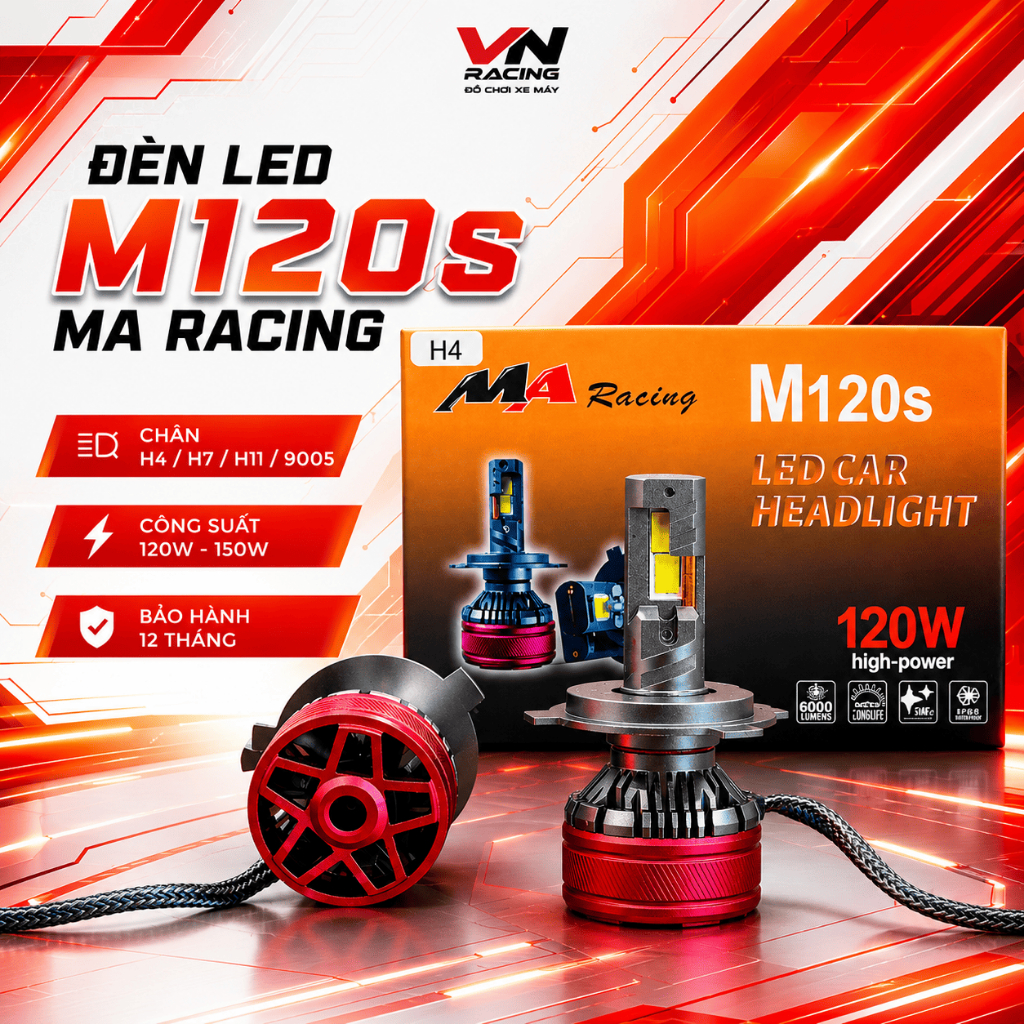 Đèn Led Xe Máy M120S MA RACING Chân H4/H7/H11/9005, Công Suất 120W-150W, BH 12 Tháng