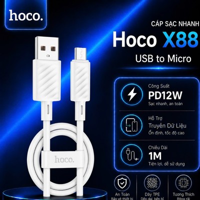 Cáp sạc PD12W USB to Micro Hoco X88 dây TPE dẻo siêu bền chống gãy gập dài 100cm