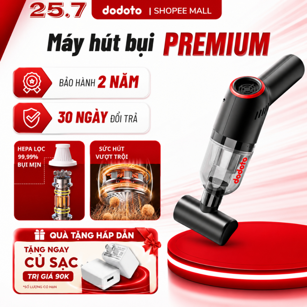 Máy hút bụi cầm tay không dây Dodoto Premium lực hút 25.000Pa, 2in1 thổi & hút, Bảo hành 24 tháng