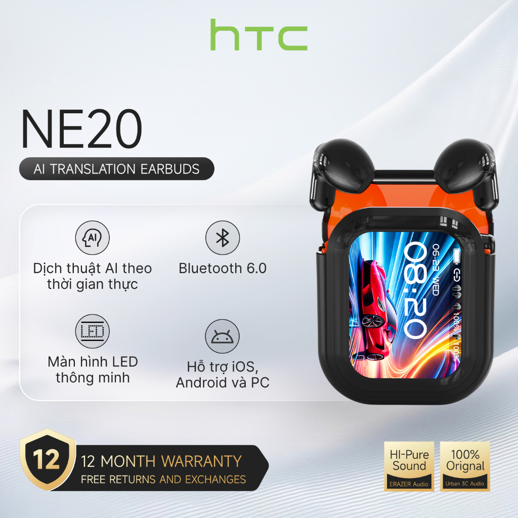 Tai Nghe HTC NE20 - Bluetooth 6.0, Dịch AI 140 NN, Màn LED Cảm Ứng, IPX5 Chống Nước, BH 1 Năm