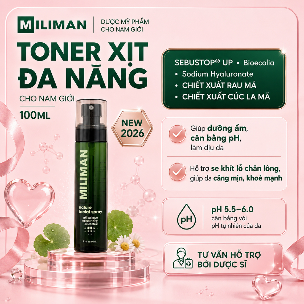 Toner Xịt Khoáng MILIMAN 100ML - Nature Facial Spray Giúp Dưỡng Ẩm, Làm Dịu Da Và Cân Bằng pH Trên D