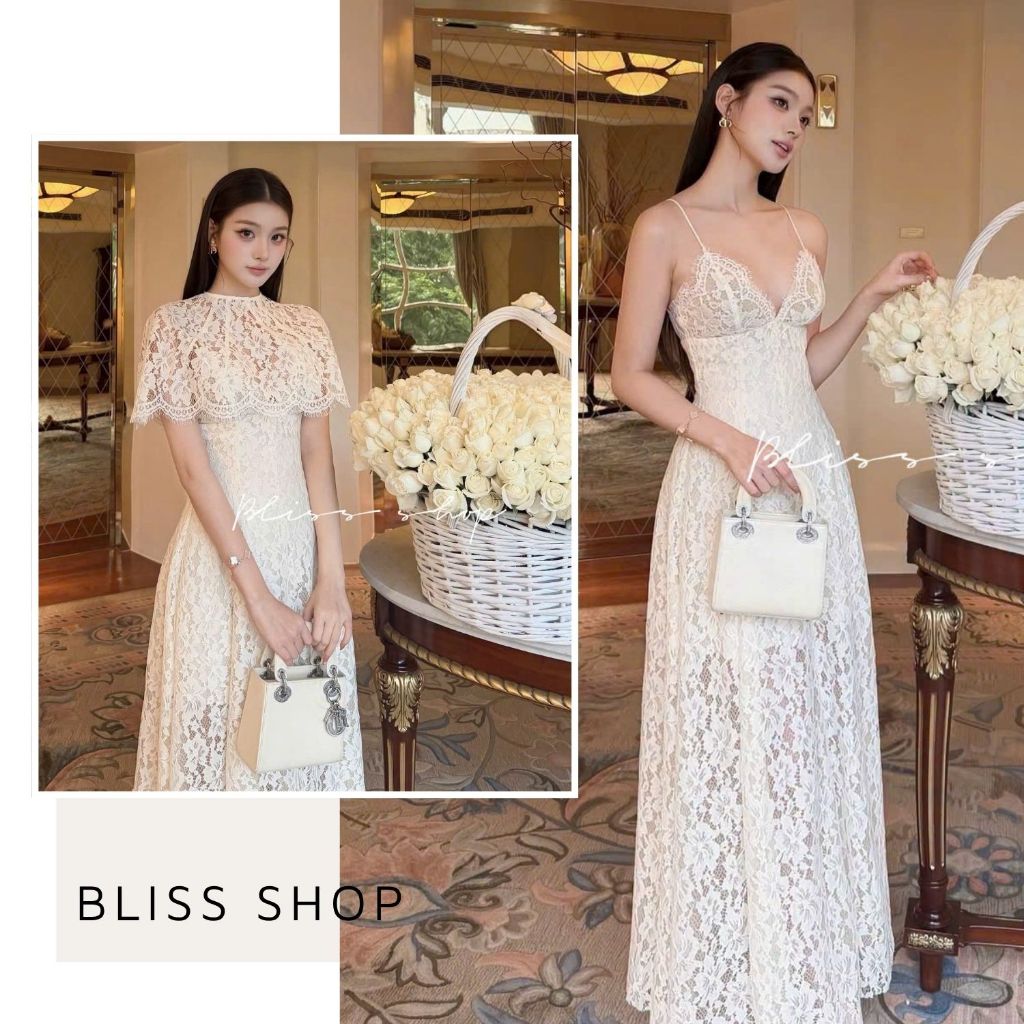 [Thiết Kế Cao Cấp] Đầm Váy Ren Maxi 2 Dây Phối Áo Choàng Xinh Xắn Tiểu Thư  Sang Trọng Bliss Shop - 