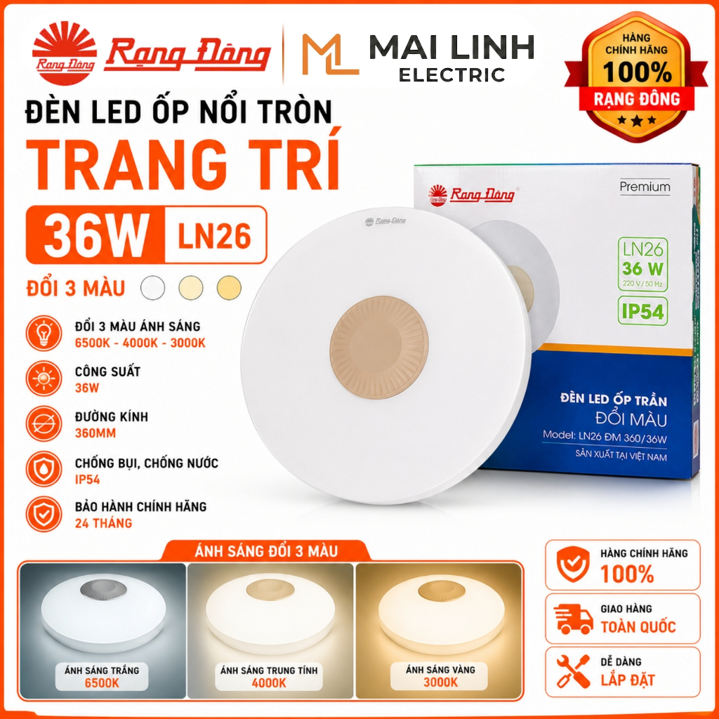 [CHÍNH HÃNG] Đèn Led ốp nổi Tròn (Trang Trí) 36W Rạng Đông -Đường kính 360mm -Ánh sáng đổi 3 màu -Hà