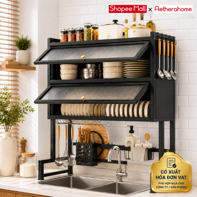 Giá để chén đĩa có nắp đậy AetheraHome kệ bếp đa năng thông minh phía trên bồn rửa,có thể xuất VAT