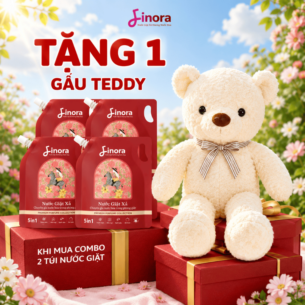 Combo 4 túi nước giặt Finora phiên bản Premium 1Lít  + Tặng Gấu Teddy khổng lồ - Nước giặt mỗi túi 1