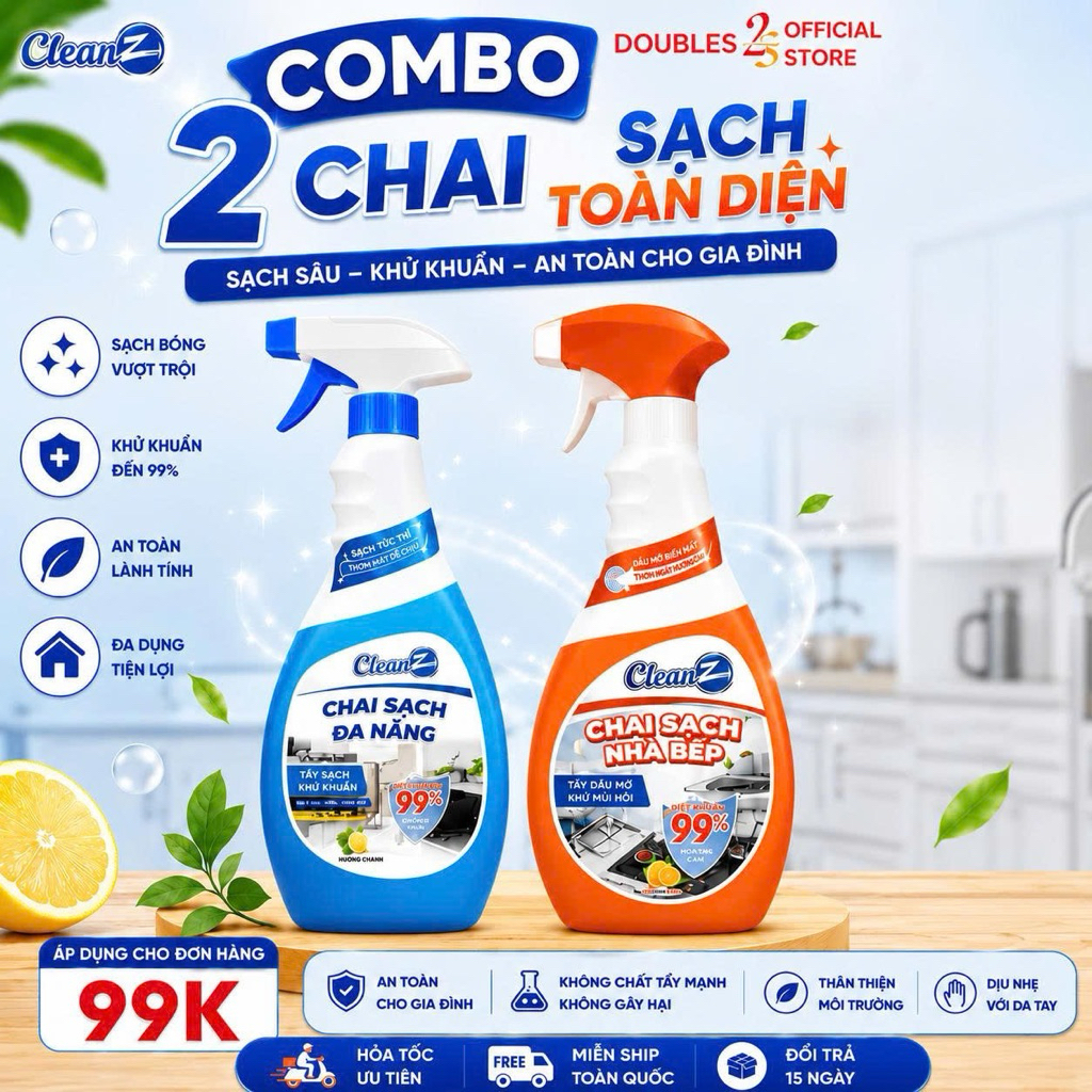 Combo 2 chai sạch đa năng và chai sạch nhà bếp CleanZ 450ml sạch đa vết bẩn | DOUBLES 2SSHOP