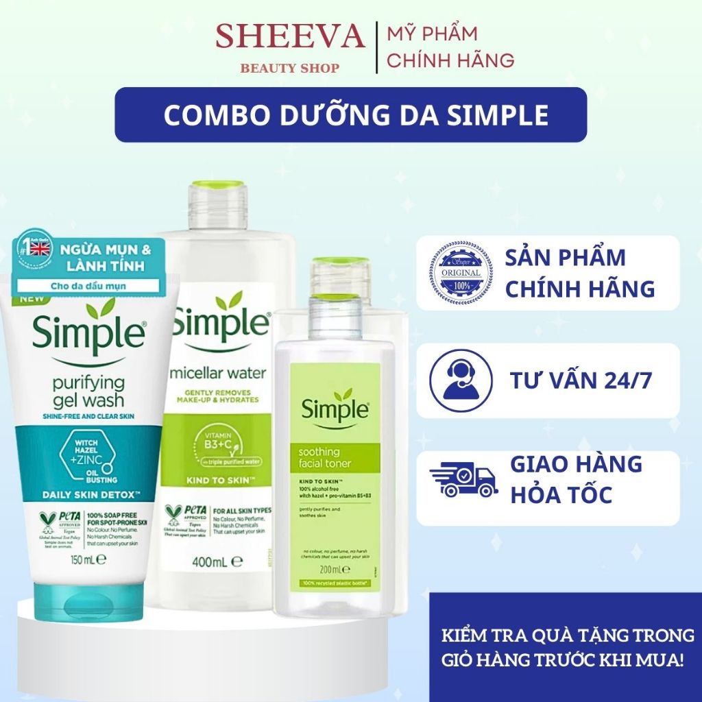 Sữa Rửa Mặt Simple Dịu Nhẹ Nước Tẩy Trang Lành Tính Simple Nước Hoa Hồng Toner Simple  - Sheeva Beau