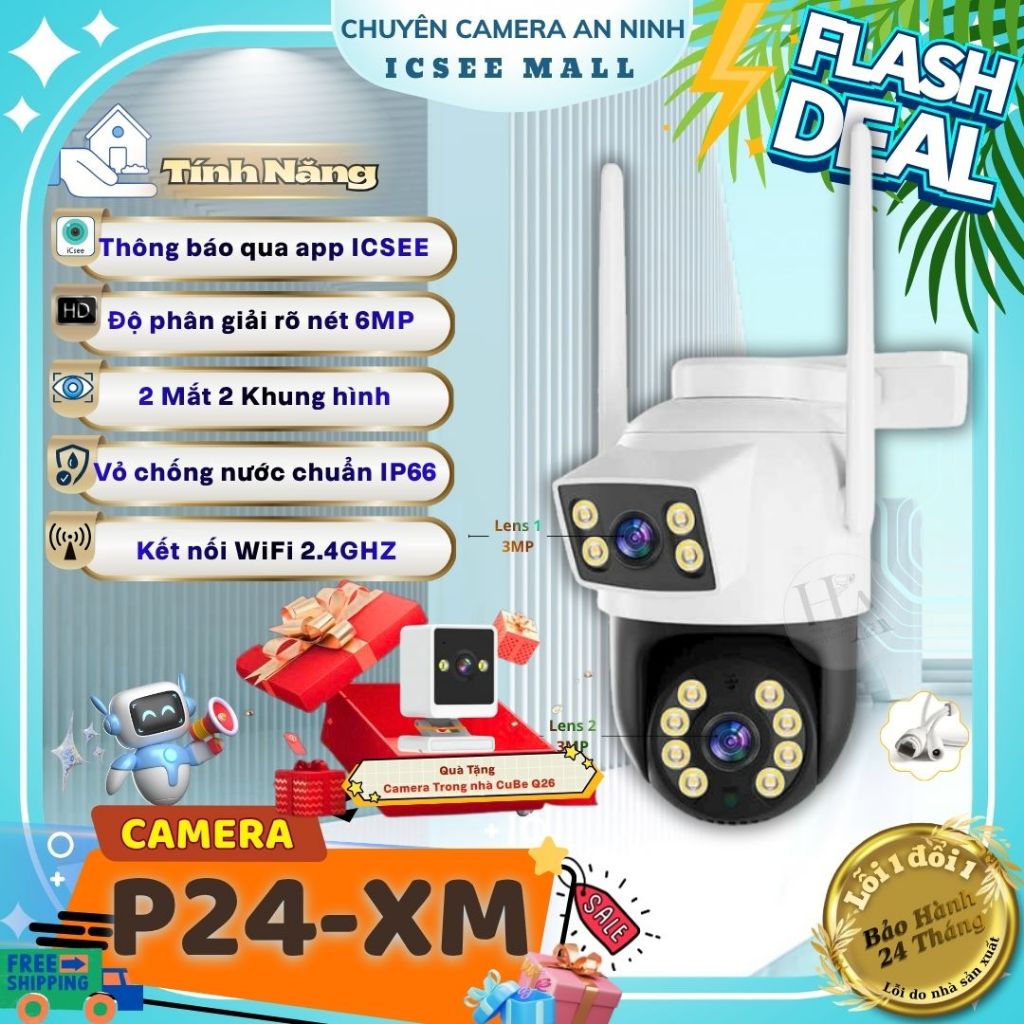 (Tặng Camera CuBe-Q26 Trong nhà) Cameras giám sát iCSee P24-XM -2 Mắt 2 khunghinh Báo động phát hiện