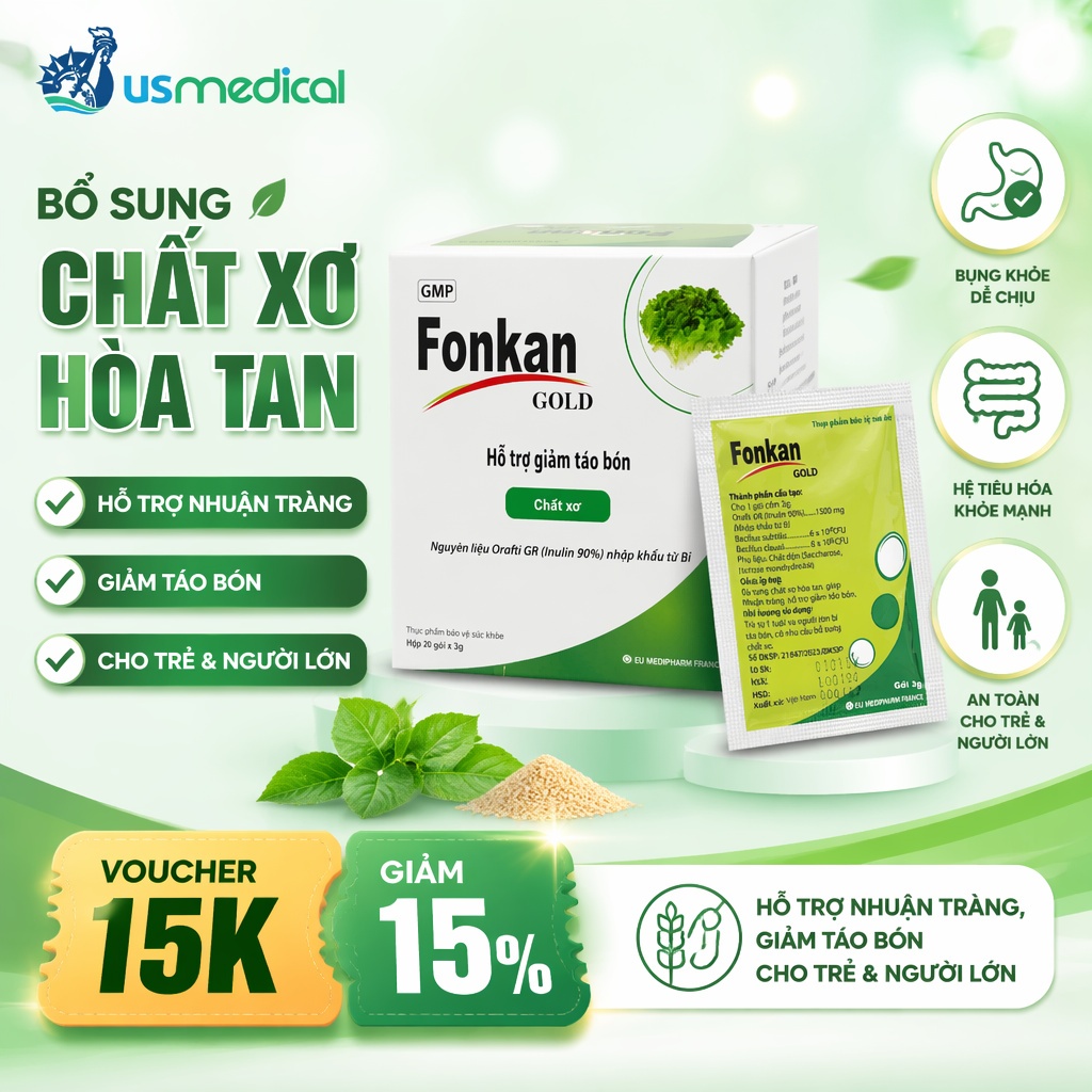 FONKAN Chất Xơ Hòa Tan Bổ Sung Chất Xơ, Hỗ Trợ Nhuận Tràng, Giảm Táo Bón, Cho người lớn và trẻ em.