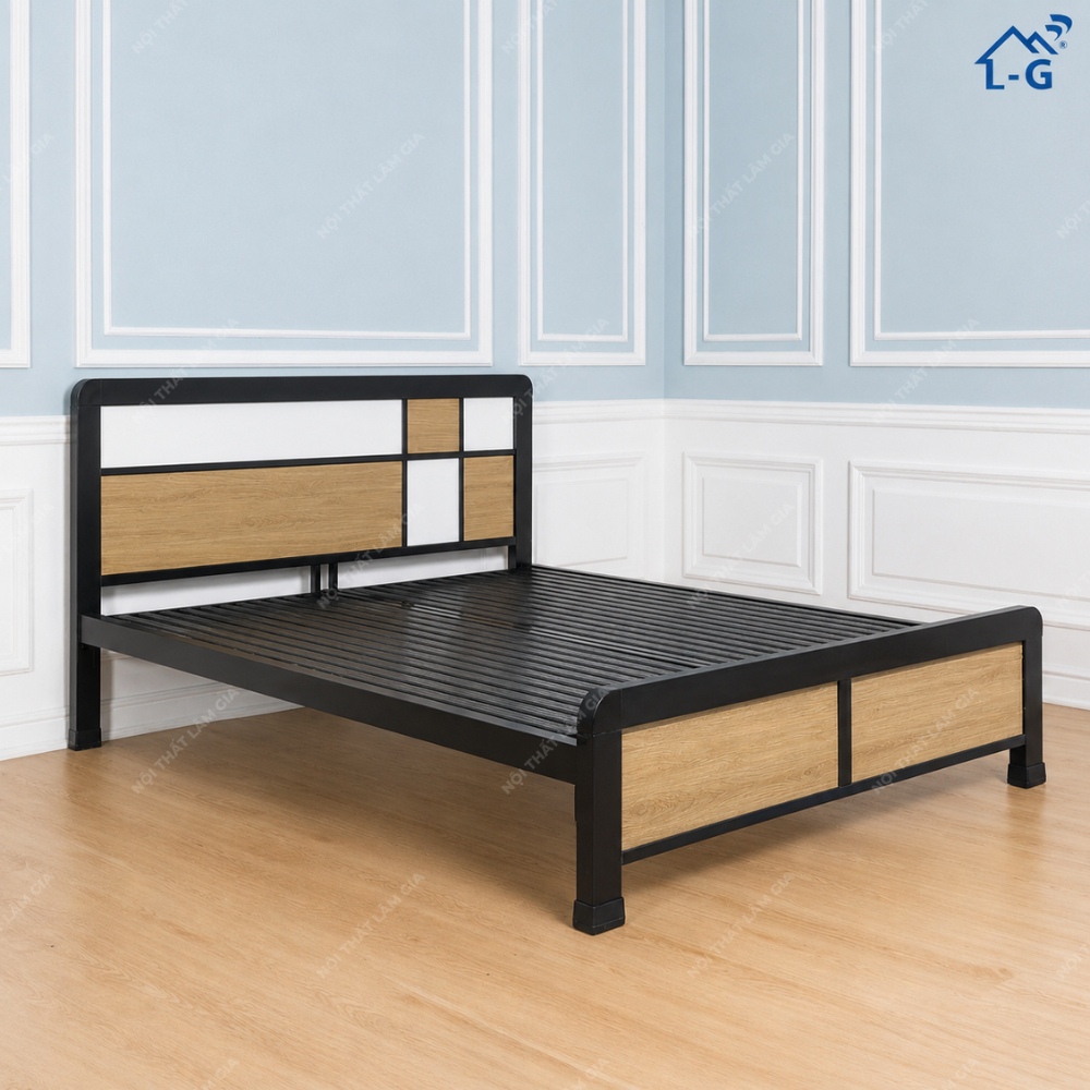 GIƯỜNG SẮT HỘP 4X8 – ĐẦU GIƯỜNG GỖ MDF (GS-LG)