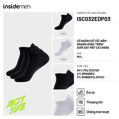 SET 3 Đôi tất nam nữ cổ ngắn thể thao INSIDEMEN thời trang cao cấp chất liệu co giãn, thoáng khí ISC032EDP03