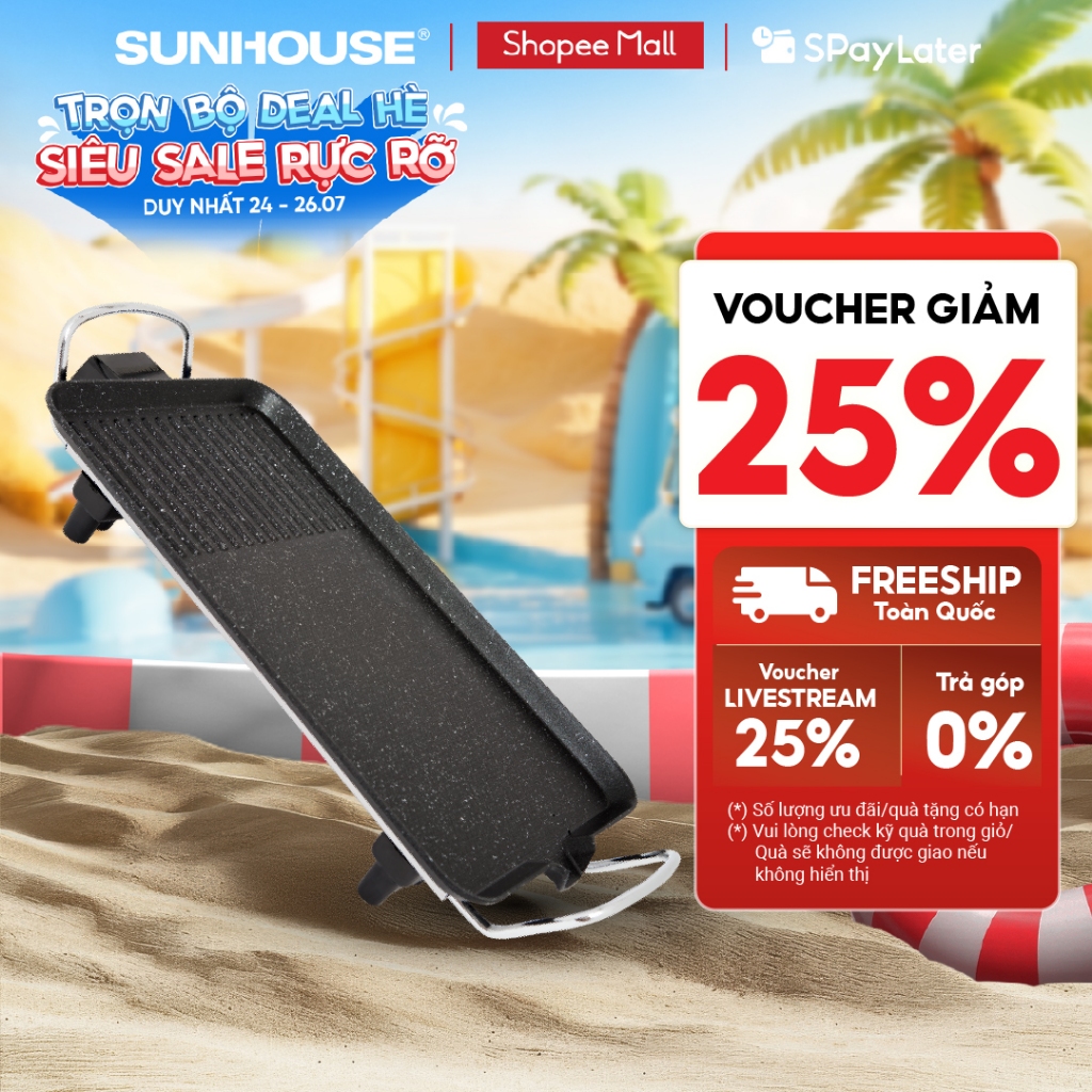 Bếp nướng điện Sunhouse SHD4607 - Công suất 1500W - Một miệng rót mỡ thừa tiện dụng - Phích cắm rời,