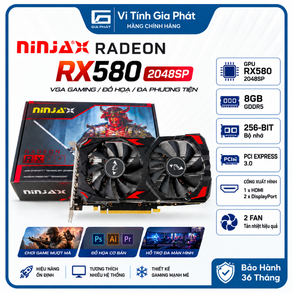 Cạc Màn Hình NINJA Radeon RX580 2048SP 8GB GDDR5 256Bit PCIe HDMI 2xDP Chơi Game Đồ Họa