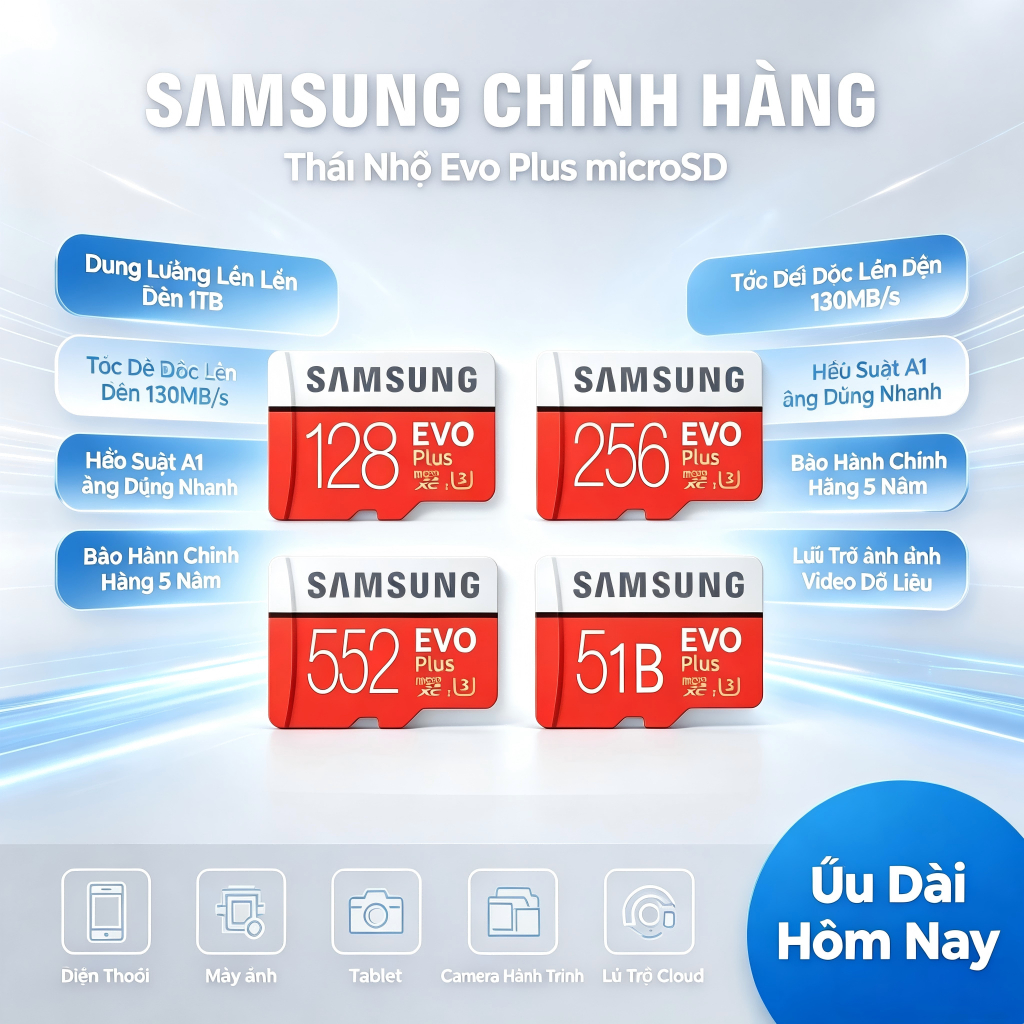 Thẻ Nhớ SAMSUNG EVO Plus Micro SD 128GB 256GB 512GB 1TB Cho Điện Thoại Di Động /Hàng chính hãng
