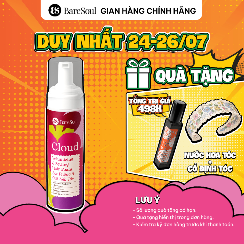 Bọt xịt phồng và giữ nếp tóc 18 tiếng BareSoul Cloud Styling Hair Foam 150ml