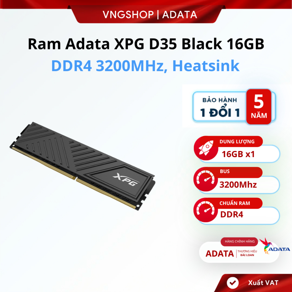 Ram Adata XPG D35 Black 16GB (1×16GB) DDR4 3200MHz, Heatsink – BH 5 năm