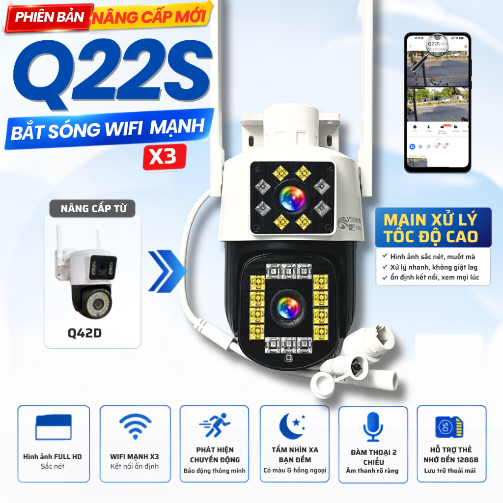 Camera Yoosee 2 mắt ngoài trời ĐÈN PHA Q22S-tiết kiệm điện-CHỐNG NƯỚC-có combo kèm thẻ đến 128GB