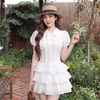 Đầm ngắn tay Twentyfive cổ bẻ dáng ngắn xếp ly 3 tầng đi chơi dạo phố phong cách tiểu thư DL96