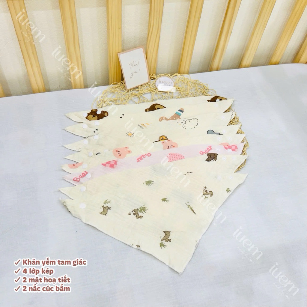 iuem Yếm TAM GIÁC chất xô muslin cho bé từ sơ sinh️, có 2 nấc cúc, chất mềm thoáng