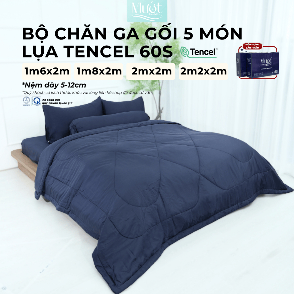 Bộ chăn ga gối 5 món nệm kích thước 1m6x2m, 1m8x2m, 2mx2m, 2m2x2m (Dày 5-12cm) Lụa Tencel 60s Mướt Bedding cao cấp