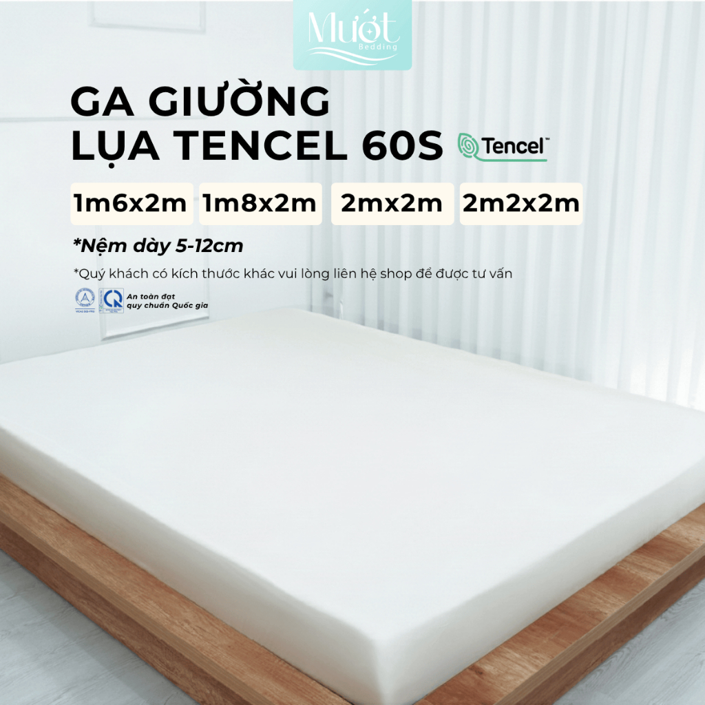 Ga giường kích thước 1m6x2m, 1m8x2m, 2mx2m, 2m2x2m (Dày 5-12cm) Lụa Tencel 60s Mướt Bedding cao cấp trơn màu, bo chun