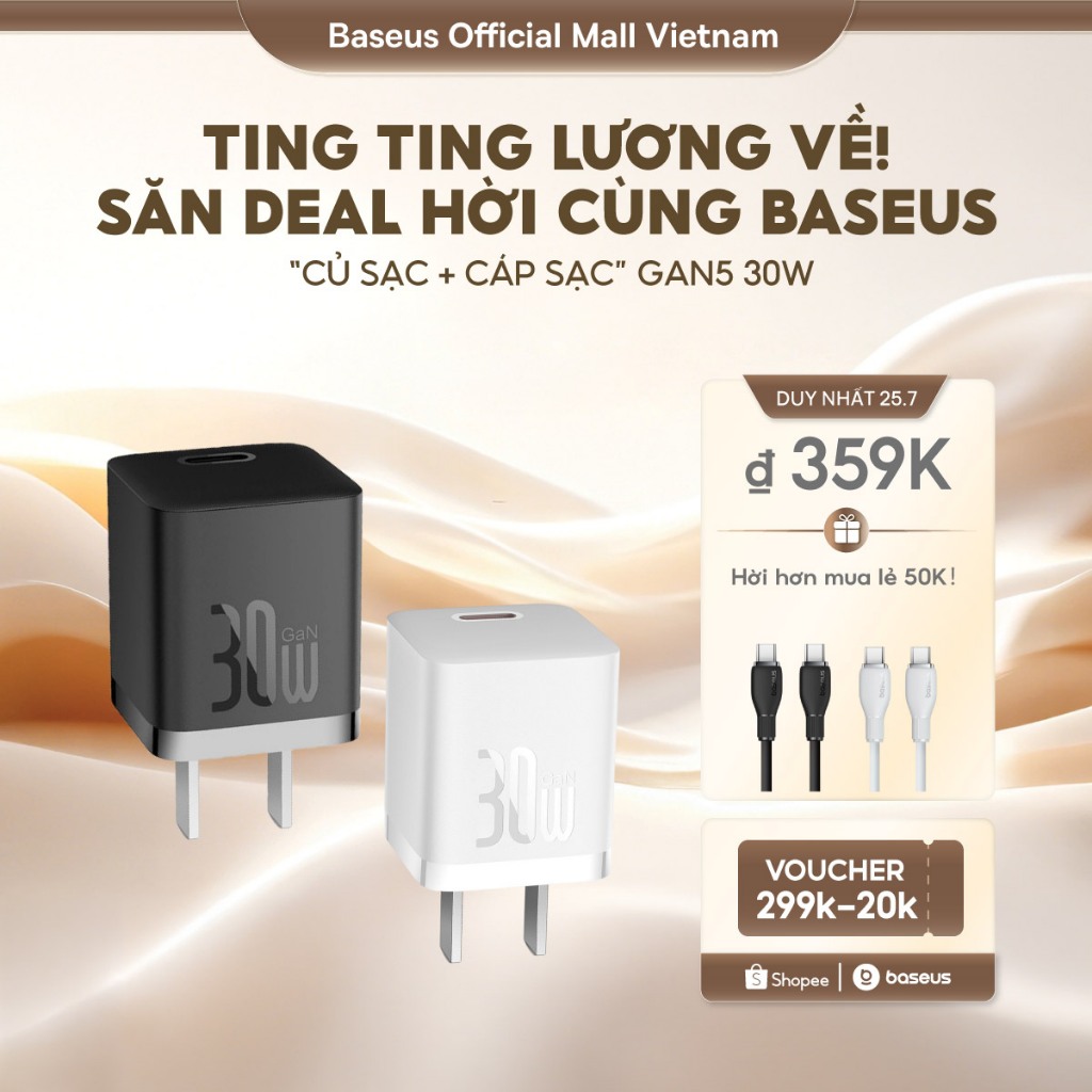 Củ Sạc Baseus 30W GaN5 Hỗ Trợ Sạc Nhanh PD QC PPS với Cáp Type C cho phone kèm dây 30W